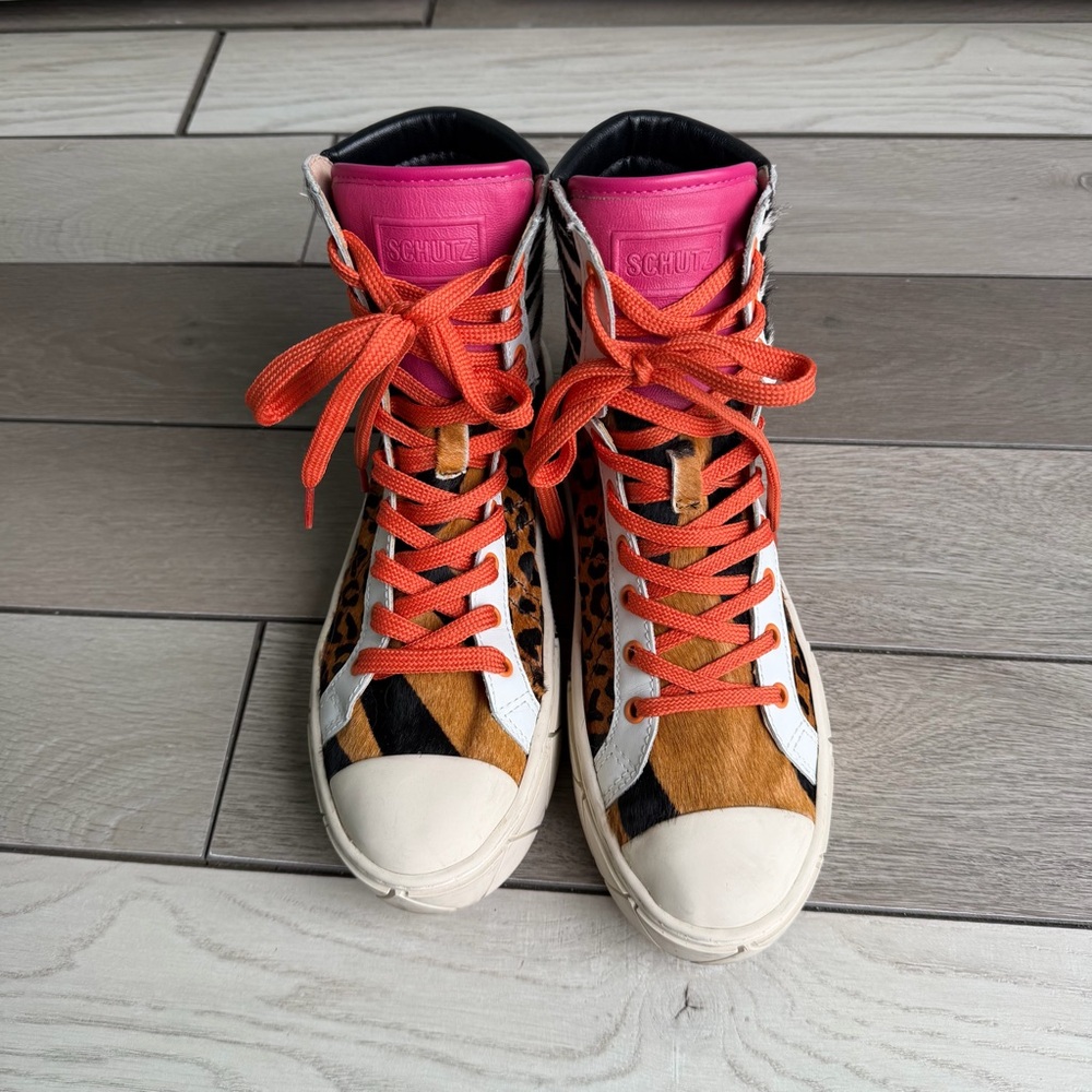 SCHUTZ Leopard & Zebra Print High-Top Sneakers with Orange Laces - Picture 8 of 11